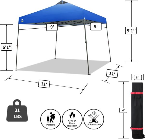CROWN SHADES Pop Up Canopy - 11x11 Base Beach Tent with One Push Setup - Pop Up Tent for Events, Parties, Camping - Gazebo with STO-N-Go Cover Bag, Silver Coated 9x9 Top, Blue - Image 5
