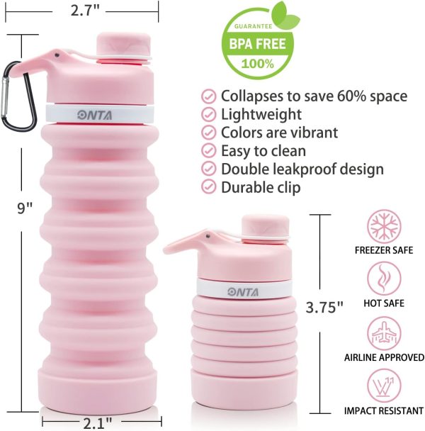 ONTA Collapsible BPA Free Silicone Water Bottle, 20oz - Portable, Leakproof, Easy Clean, Shatter Resistant, Travel Friendly - Image 3
